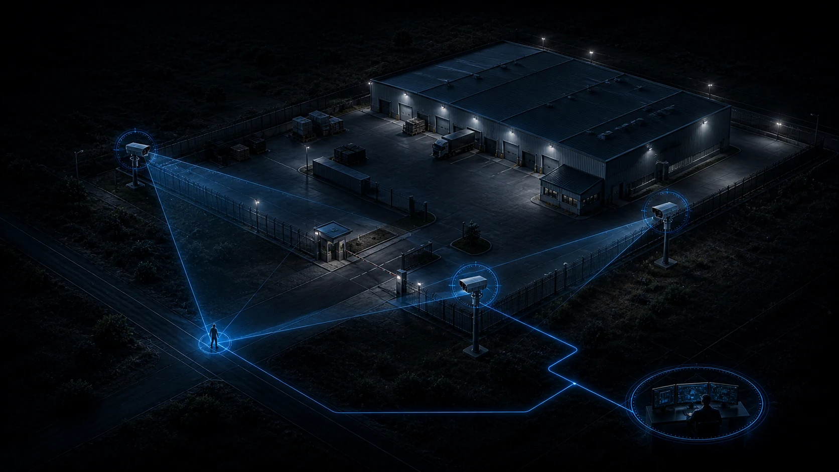 Digital-twin view of intelligent cameras protecting an industrial site