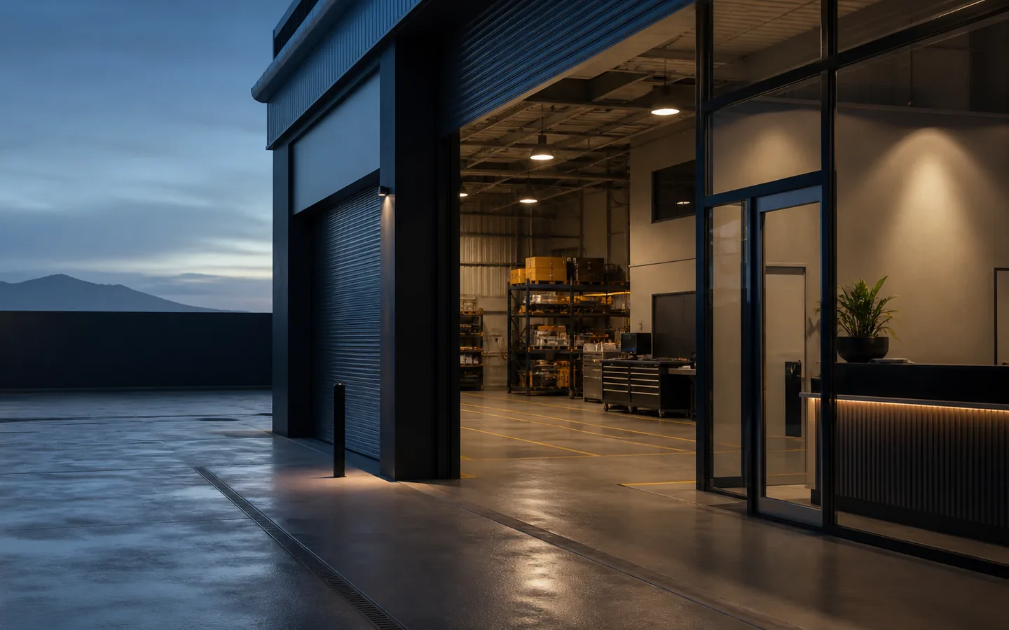 Secure business premises combining a reception area, workshop and controlled yard.