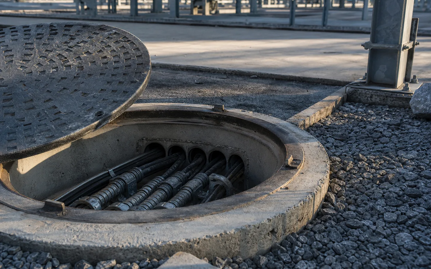 Open underground cable chamber at an electrical facility.