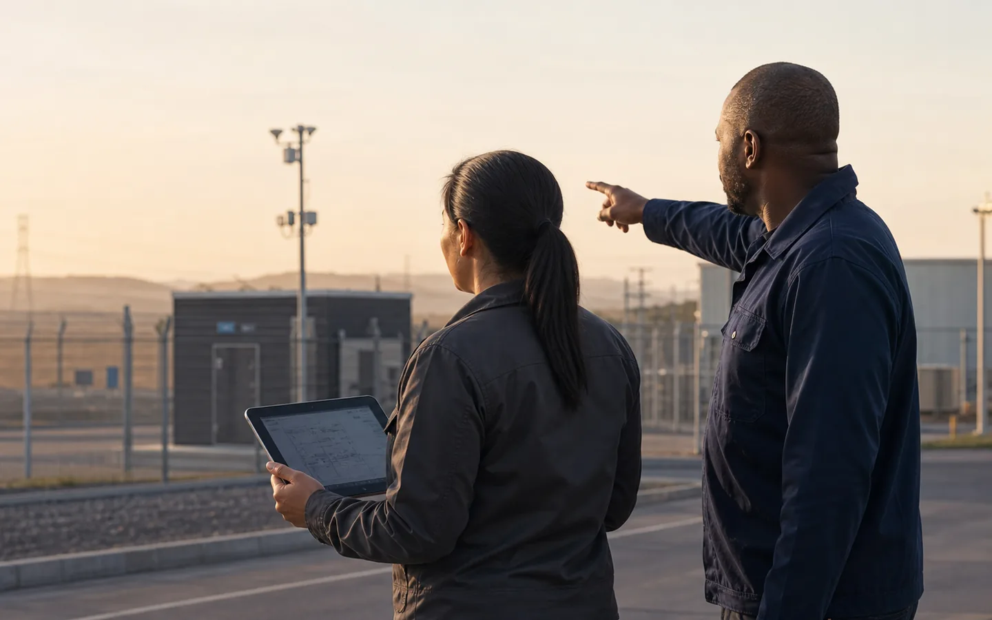 Two security technology professionals reviewing a site plan at an industrial facility.
