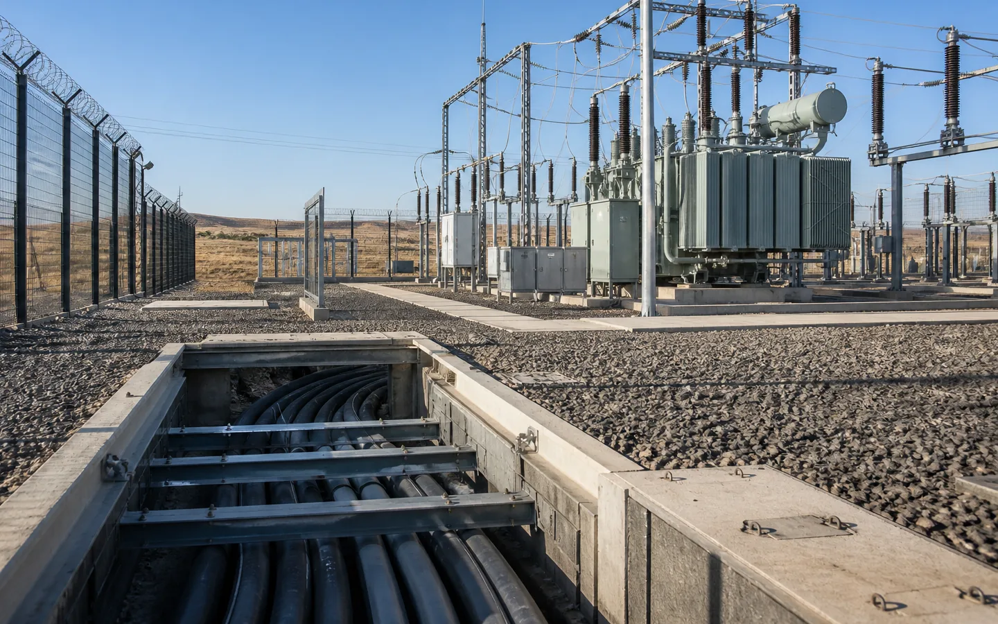Electrical substation with secure perimeter fencing and an open underground cable route.