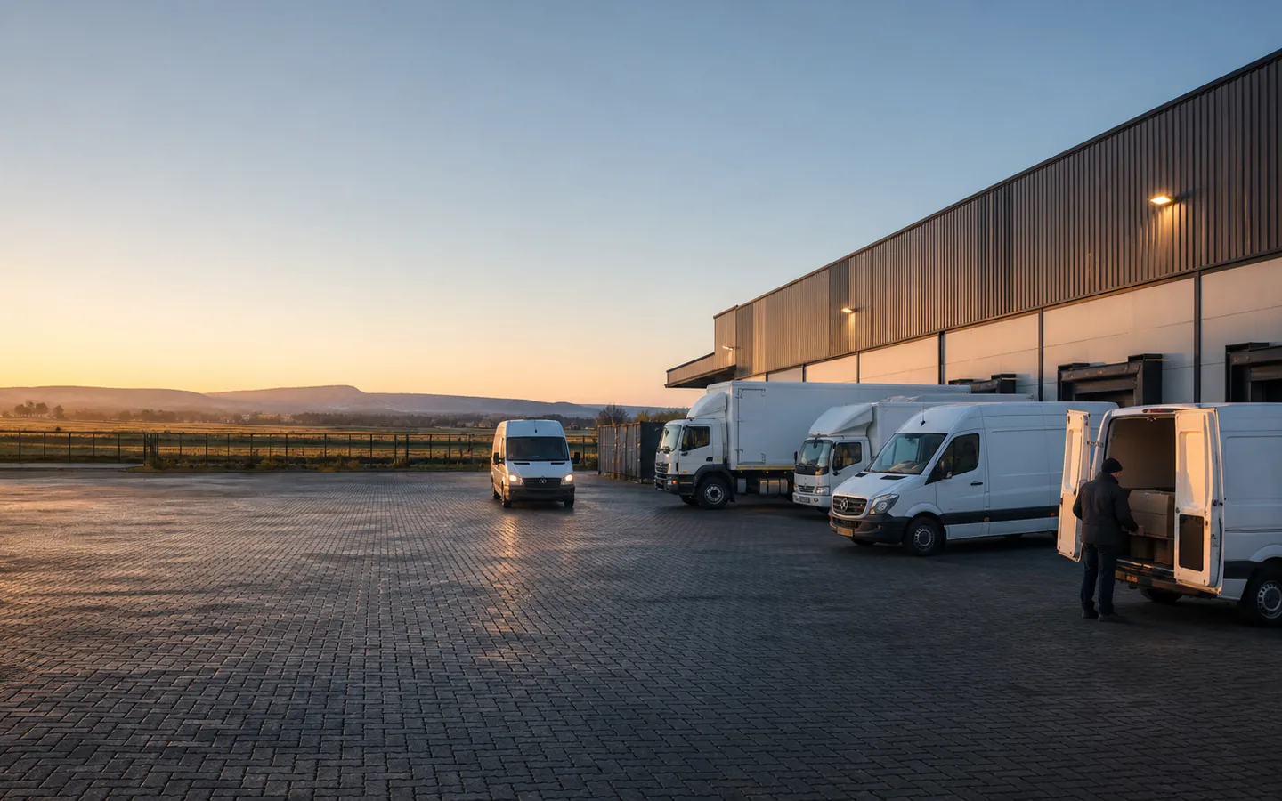 Commercial vehicle fleet parked beside a logistics facility at sunrise.