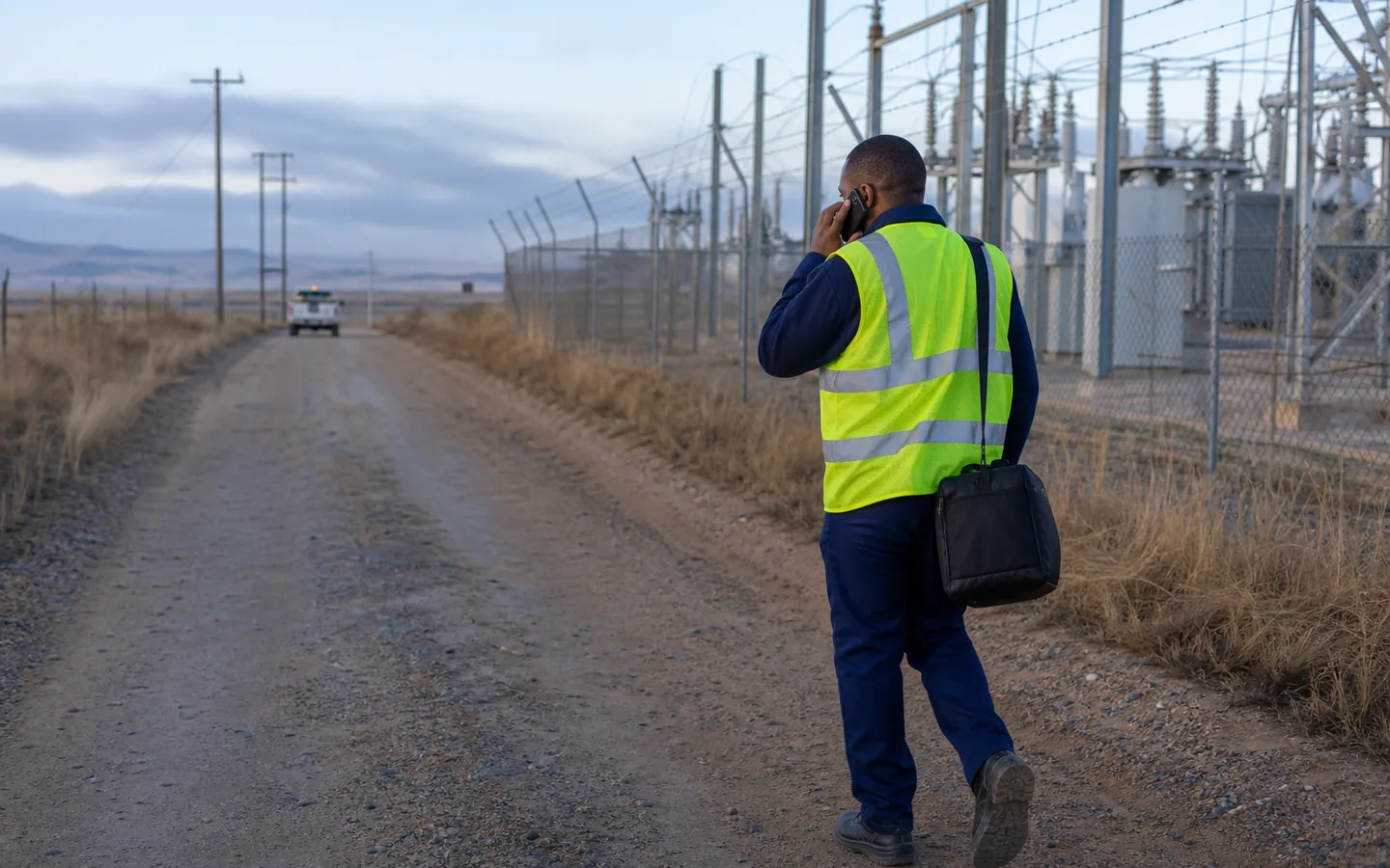 Security professional coordinating by phone beside electrical infrastructure.