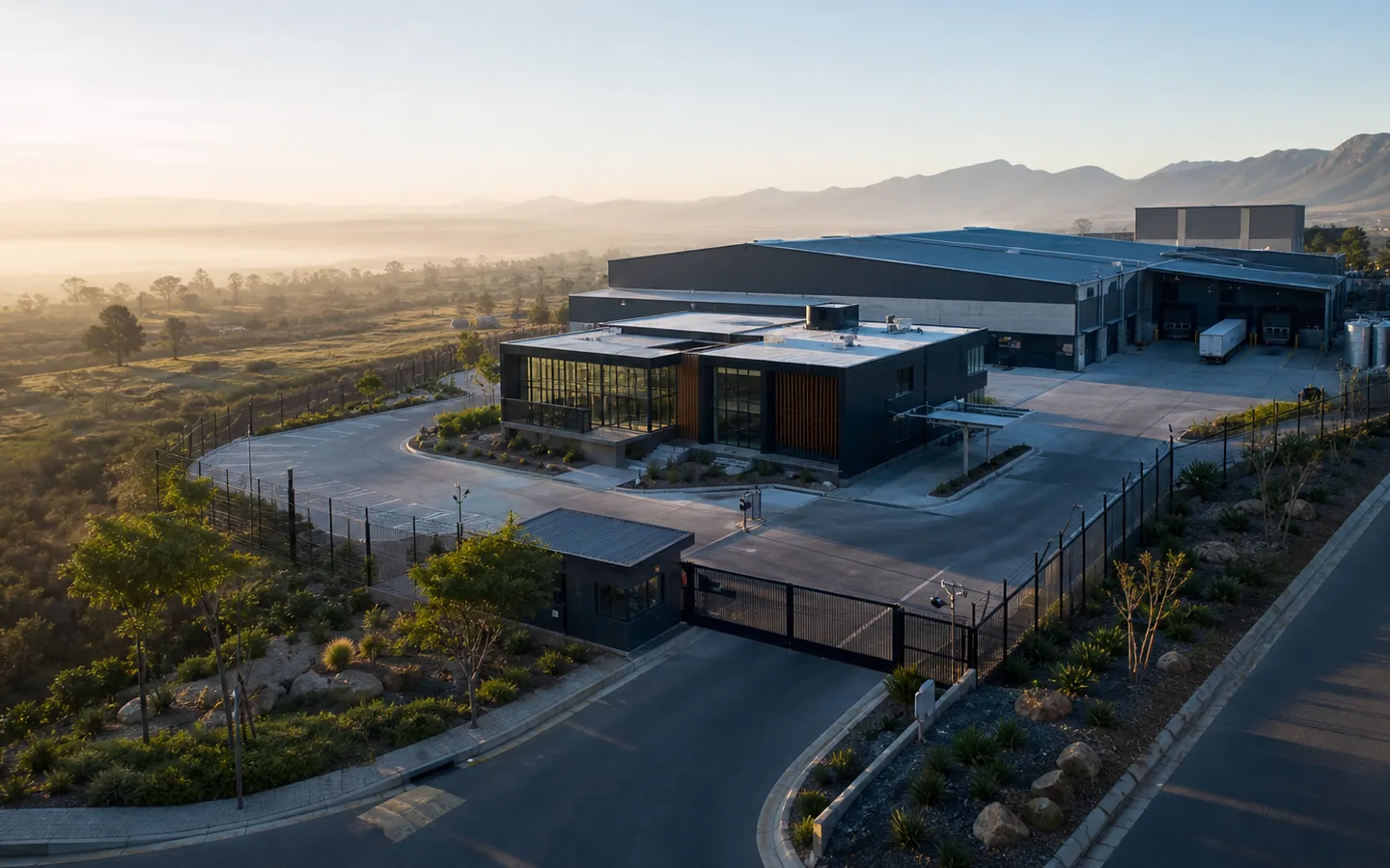 Aerial view of a modern industrial facility with perimeter, gatehouse, yard and loading areas.