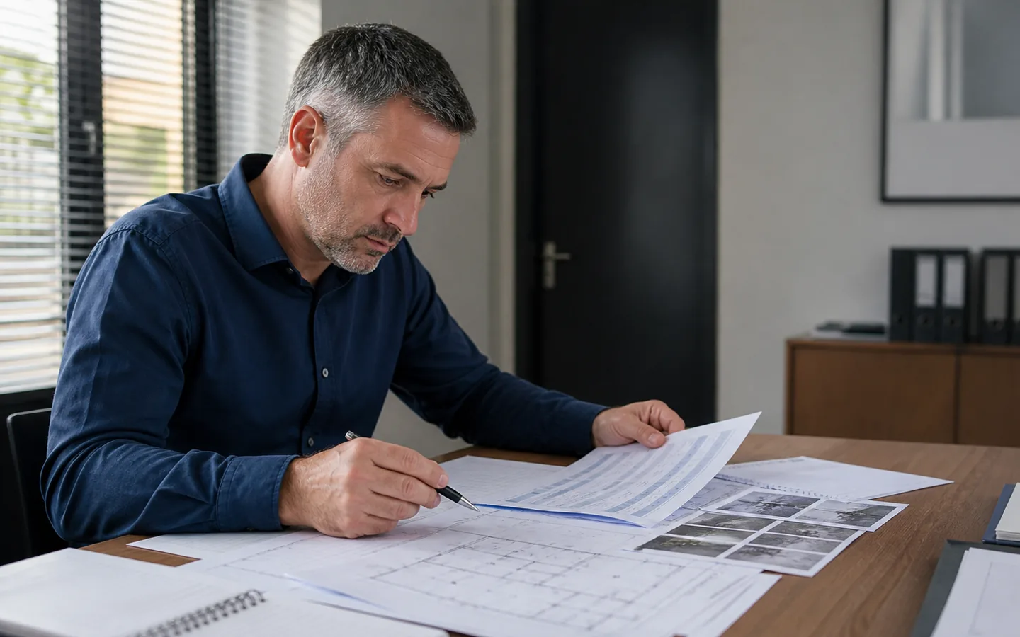Investigator reviewing anonymised site plans, notes and printed camera stills.