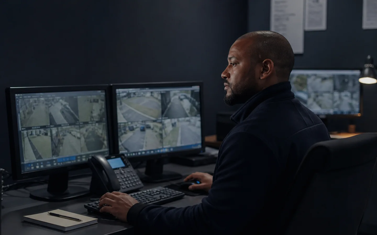 Security monitoring operator reviewing several camera views in a control room.