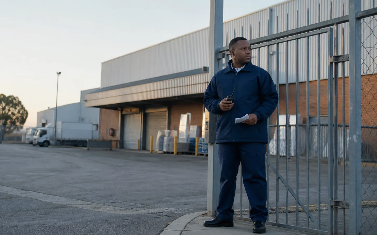 Uniformed security guard observing the entrance to an industrial site.