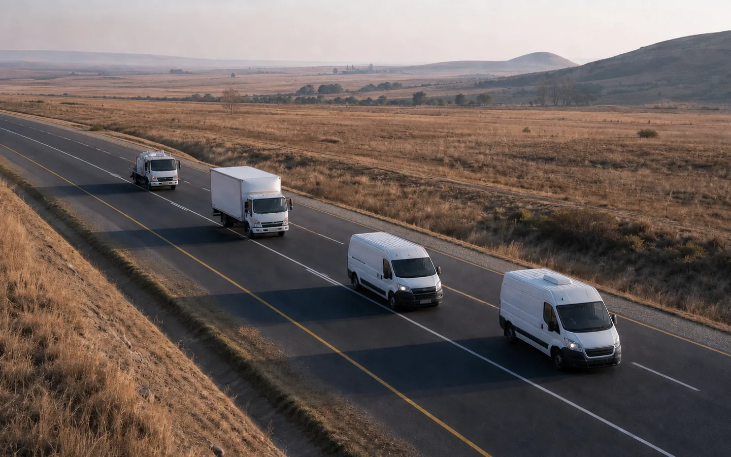 Commercial fleet vehicles travelling along a South African highway.