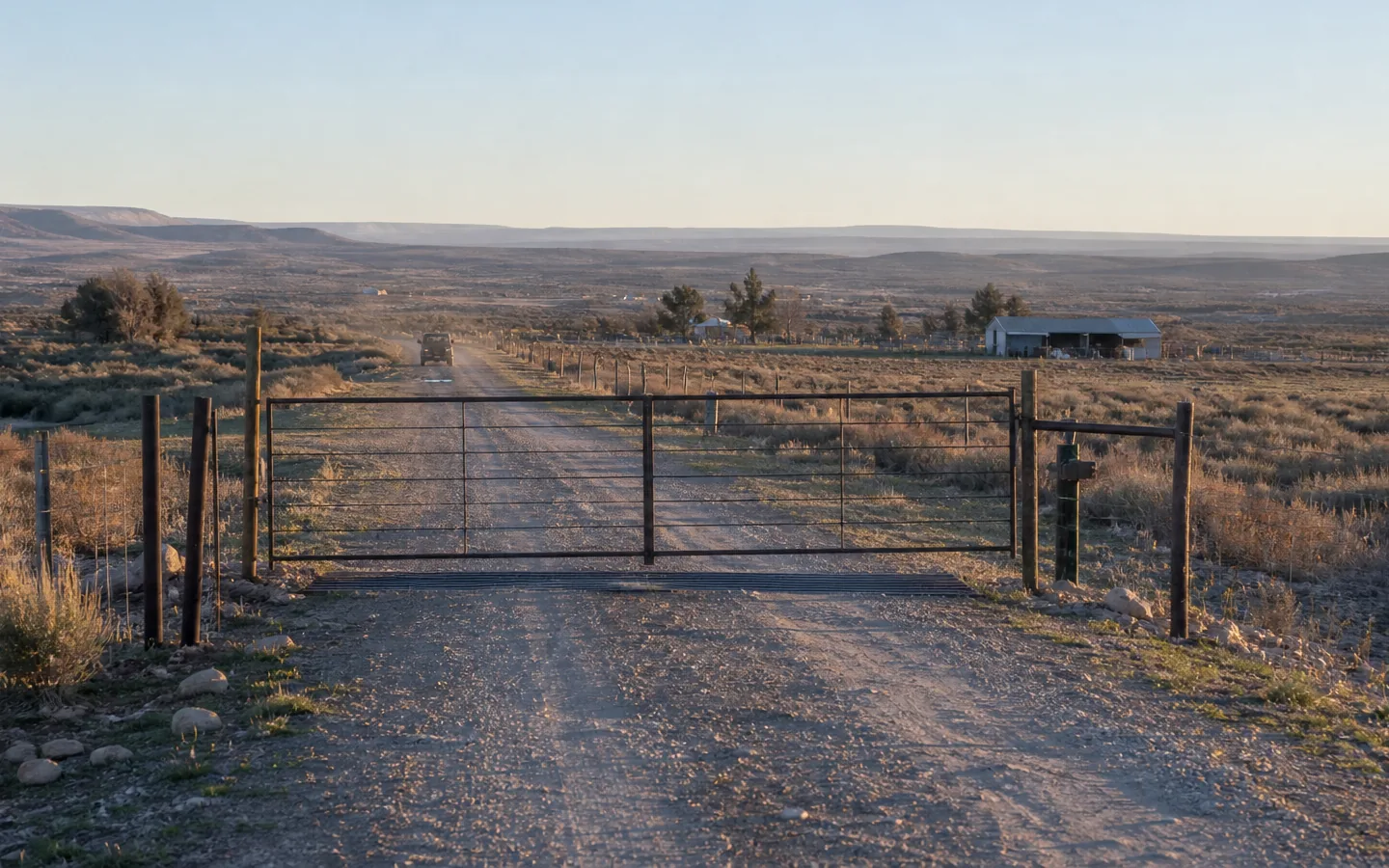 Locked farm gate opening onto an isolated rural property and distant buildings.