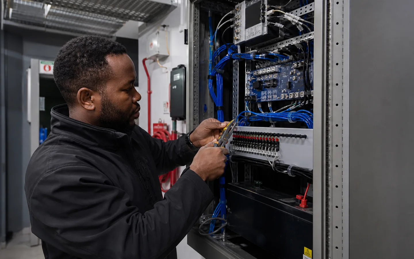 Security systems technician working inside a structured equipment cabinet.